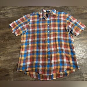 Rodd & Gunn Plaid 100% Linen Checked Shirt - Brown Gold Blue - L